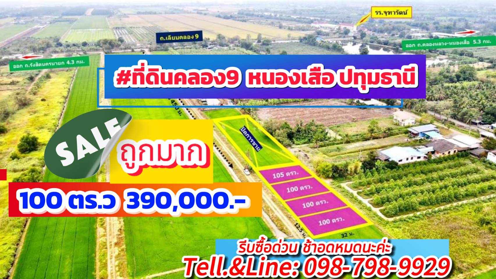 ที่ดินคลอง9 หนองเสือ ปทุมธานี 100 ตรว. 390,000 บาทเข้าซอยเพียง 450 ม.